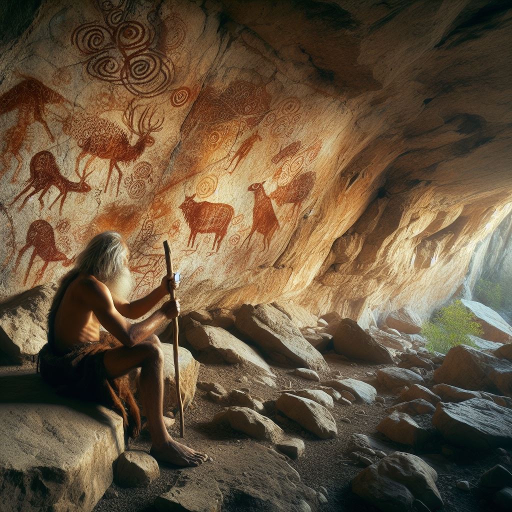 Древний человек на фоне наскальной живописи